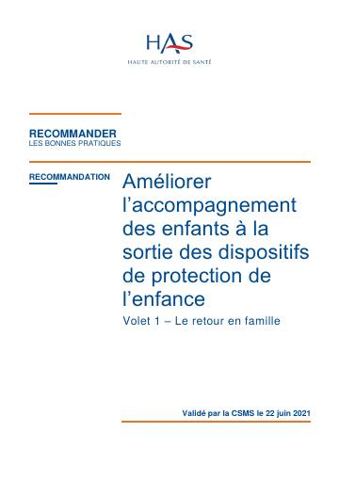 Couverture : Améliorer l'accompagnement des enfants à la sortie des dispositifs : le retour en famille
