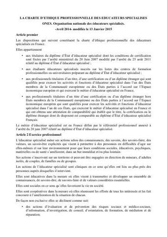 Couverture : Charte d'éthique professionnelle des éducateurs spécialisés